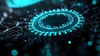 Glowing cyan digital circuit rings with barcode element on dark background create futuristic technology visualization for business and tech concepts.