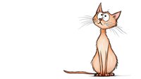 Cartoon ginger cat with exaggerated whiskers and expressive eyes sitting upright on white background, suitable for children's book illustrations.