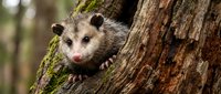 Young opossum climbing on mossy tree bark in natural forest habitat. Wildlife photography showcasing North American marsupial in woodland environment.