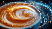 Swirling coffee cream creates mesmerizing spiral pattern in blue cup with golden bokeh lights and magical atmosphere, macro photography closeup.