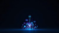 Futuristic digital circuit tree with glowing blue neon lights and electronic components on dark background for technology and innovation concepts.
