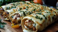 Savory crepes filled with mushrooms and herbs, topped with melted cheese and fresh parsley on wooden board for gourmet cooking and restaurant menu concepts.
