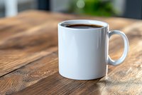 White ceramic coffee mug filled with dark coffee on rustic wooden table with natural lighting and soft bokeh background, minimalist morning beverage composition.