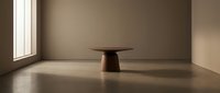 Minimalist interior with wooden pedestal table in empty room with natural light from window, suitable for modern design and architectural visualization.