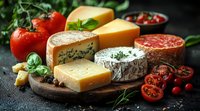Gourmet cheese board with variety of artisanal cheeses, fresh tomatoes and aromatic herbs on rustic wooden cutting board against dark background.