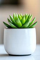Fresh green succulent plant in modern white ceramic pot against blurred background, minimalist home decor and indoor gardening concept.