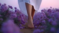 Barefoot woman in white dress walking through blooming purple lavender field at sunset, romantic atmospheric nature scene with soft dreamy lighting.