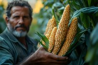 Mature Latino farmer with gray beard holding fresh harvested yellow corn cobs in green field, showcasing sustainable agriculture and farm-to-table produce.