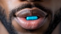 Close up of African American male lips with blue pill capsule between them, showing beard stubble against dark background. Medical concept for oral medication.