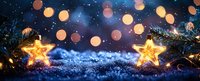 Glowing star lights and bokeh on dark blue snowy background with pine branches, creating magical festive holiday atmosphere for winter celebrations.