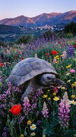 Large tortoise walking through colorful wildflower meadow at sunset with mountains and village in background creating peaceful nature scene.