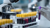 Laboratory technician holding purple test tube next to rack of blood samples with microscope in modern medical lab setting for clinical diagnostics and research.