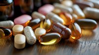 Assorted pharmaceutical pills, tablets, and supplements scattered on wooden surface with dramatic lighting highlighting gel capsules and medicine shapes.