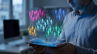 Business professional using tablet with holographic people icons displaying demographic data visualization for market research and customer analytics.