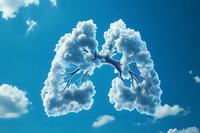 Clouds shaped like human lungs against vibrant blue sky, with anatomical bronchi overlay creating powerful medical and environmental concept for healthcare design.
