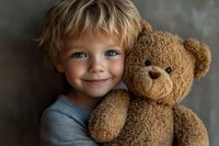 Young caucasian boy with blonde hair and blue eyes hugging brown teddy bear, showing gentle smile against dark background. Childhood innocence and comfort concept.