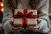 Gift box wrapped in kraft paper with sparkly red ribbon bow held in female hands wearing cozy knit sweater against blurred festive lights background.