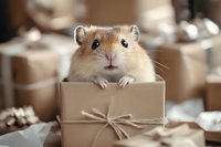Curious gerbil peeking out from decorative gift box with twine bow, surrounded by wrapped presents in soft beige tones, creating heartwarming holiday mood.