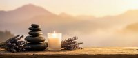 Zen spa composition with balanced stones, burning candle and lavender sprigs against misty mountain landscape at golden hour for wellness meditation retreat.
