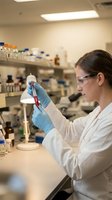 Female scientist of Caucasian ethnicity examining blood sample in laboratory setting with test tubes and equipment, conducting medical research and analysis.