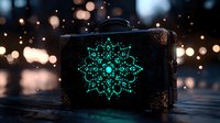 Vintage suitcase with glowing turquoise mandala pattern against dark background with bokeh lights creates magical atmospheric scene. Perfect for travel and mystical concepts.