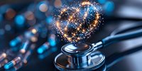 Medical stethoscope with glowing heart shape made of golden sparkles and blue bokeh lights on dark background, healthcare concept.