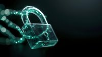 Glowing digital padlock with cybersecurity concept visualization on dark background, representing data protection and network security.