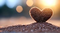 Heart-shaped soil formation on ground with golden bokeh sunset background, romantic nature concept for Valentine's day cards and love messages.