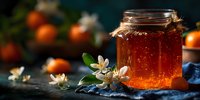 Orange blossom honey in glass jar with fresh citrus fruits and white flowers on rustic wooden surface for natural organic food photography.