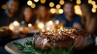 Juicy grilled beef steak garnished with rosemary and coarse salt on white plate against blurred restaurant background with warm bokeh lights and people.