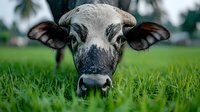 Close up portrait of young dairy cow face with big eyes and ears in green grass meadow, looking directly at camera. Farm animal in natural environment.