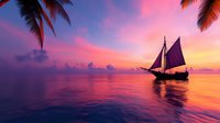 Traditional sailing boat with dark sails on calm ocean waters during spectacular sunset with palm trees framing tropical seascape in vibrant pink and purple hues.