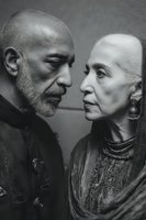 Mature couple in intimate black and white portrait showing deep connection and love between elderly man and woman with weathered faces and gentle expressions.