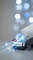 Digital payment card with glowing security locks and data streams representing secure online banking and contactless payment technology.
