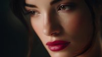 Close up portrait of young woman with red lipstick and flawless skin in dramatic lighting against dark background, showcasing professional makeup artistry and beauty.