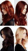Young Caucasian women with different hair colors - copper red, auburn, dark brown and strawberry blonde - showcasing professional hairstyling with voluminous waves.