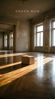 Cardboard box on sunlit parquet floor in empty vintage room with large windows, warm light and shadows, delivery and moving concept.