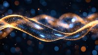 Glowing golden waves with sparkles flow through dark space creating magical light trails against blurred bokeh background. Abstract cosmic design element.