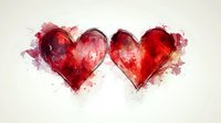 Two red watercolor hearts connected together with artistic paint splashes and textures on light background for romantic designs and Valentine's Day projects.