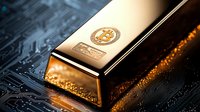 Gold bar on circuit board with digital currency symbol, modern financial technology concept combining traditional wealth and digital innovation in warm lighting.
