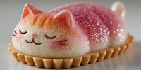 Adorable cat-shaped dessert with sparkly pink and orange glaze on pastry base. Sweet confection for bakery, patisserie, cute food photography and culinary art.