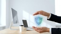 Businessman in dark suit holding glowing blue shield with circuit board pattern, representing cybersecurity protection and digital data safety in modern office environment.
