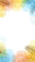 Tropical summer frame with palm leaves and watercolor elements on white background for vacation designs and social media posts.
