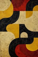 Abstract geometric composition featuring curved shapes in black, yellow, red and cream colors with subtle line details and textured background. Modern wall art design.
