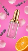 Luxury serum bottle with golden dropper surrounded by lavender sprigs, rose petals and orange slice on vibrant pink background for skincare and beauty products.