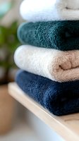 Stack of folded soft cotton towels in white, emerald green and navy blue colors on wooden shelf, close up view with selective focus. Spa and bathroom decor.