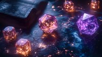 Glowing magical dice with orange and purple colors on dark mystical background with sparkles and light effects, fantasy gaming concept for tabletop adventures.