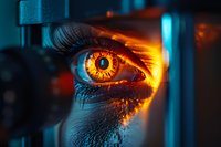 Extreme close up of glowing orange and blue human eye with fire reflection effect and dramatic lighting creating supernatural artistic appearance.