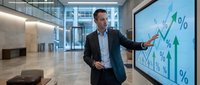 Businessman in dark suit presenting growth chart with upward arrows and percentage symbols on digital screen in modern office lobby with glass windows.