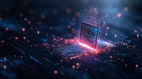 Futuristic computer processor with glowing red light and digital particles on dark circuit board background, representing advanced technology and computing power.